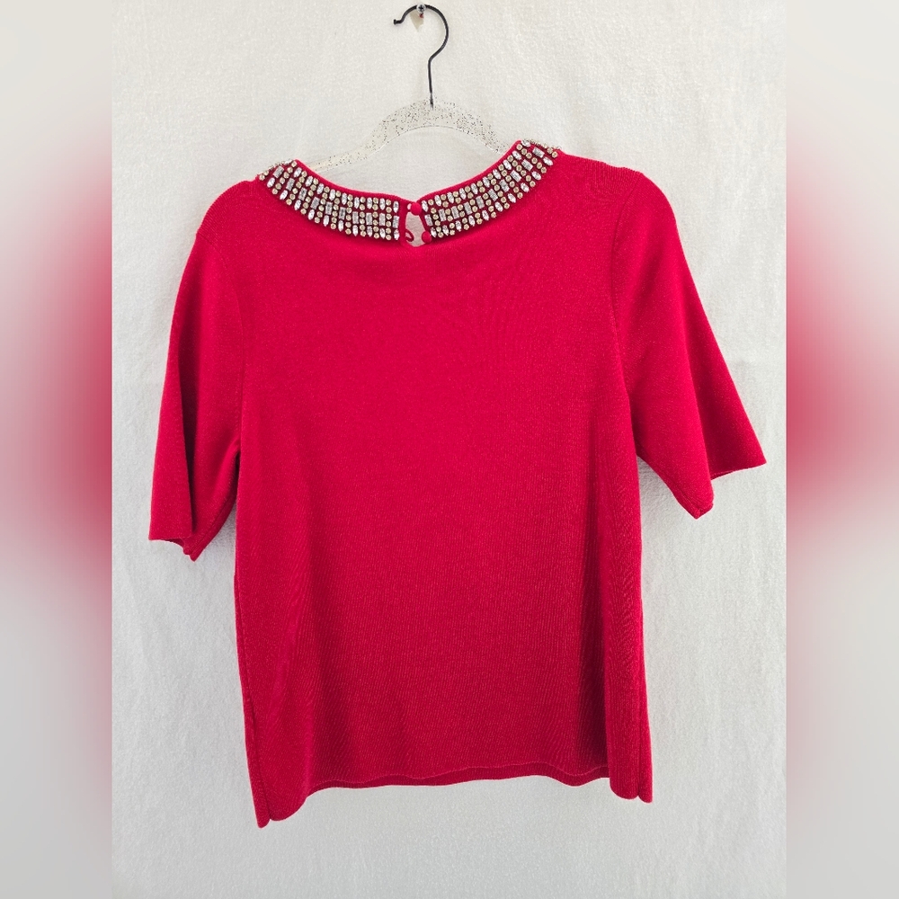 TALBOTS Red S Sleeve Rhinestone Embellished Neckline Classy Sweater.  LARGE P - Picture 9 of 9